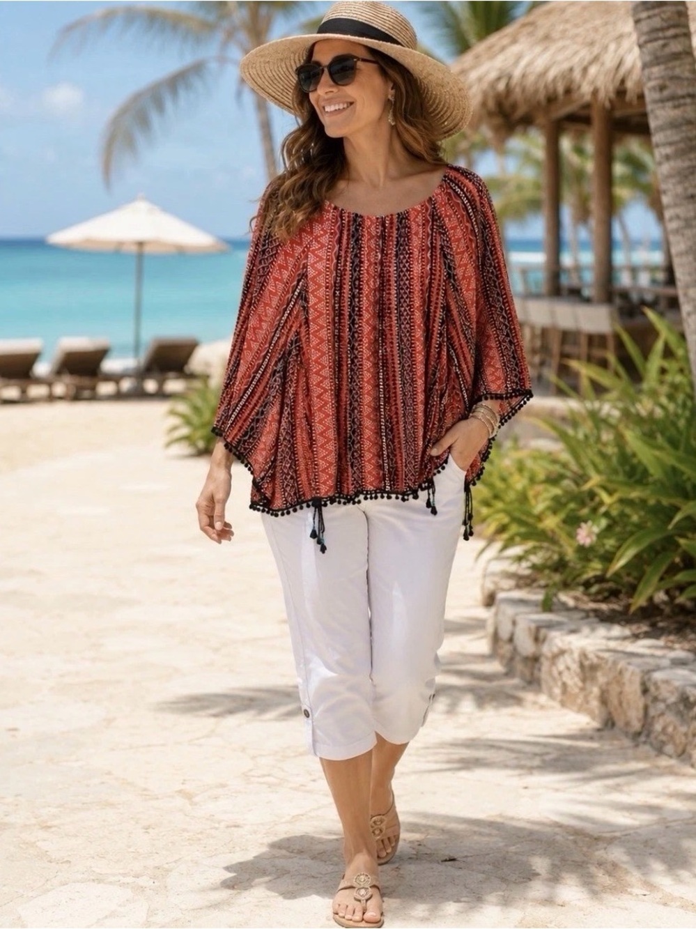 New Directions Womens L Orange Stripe Aztec Pompom Fringe Top Boho Flowy Resort
